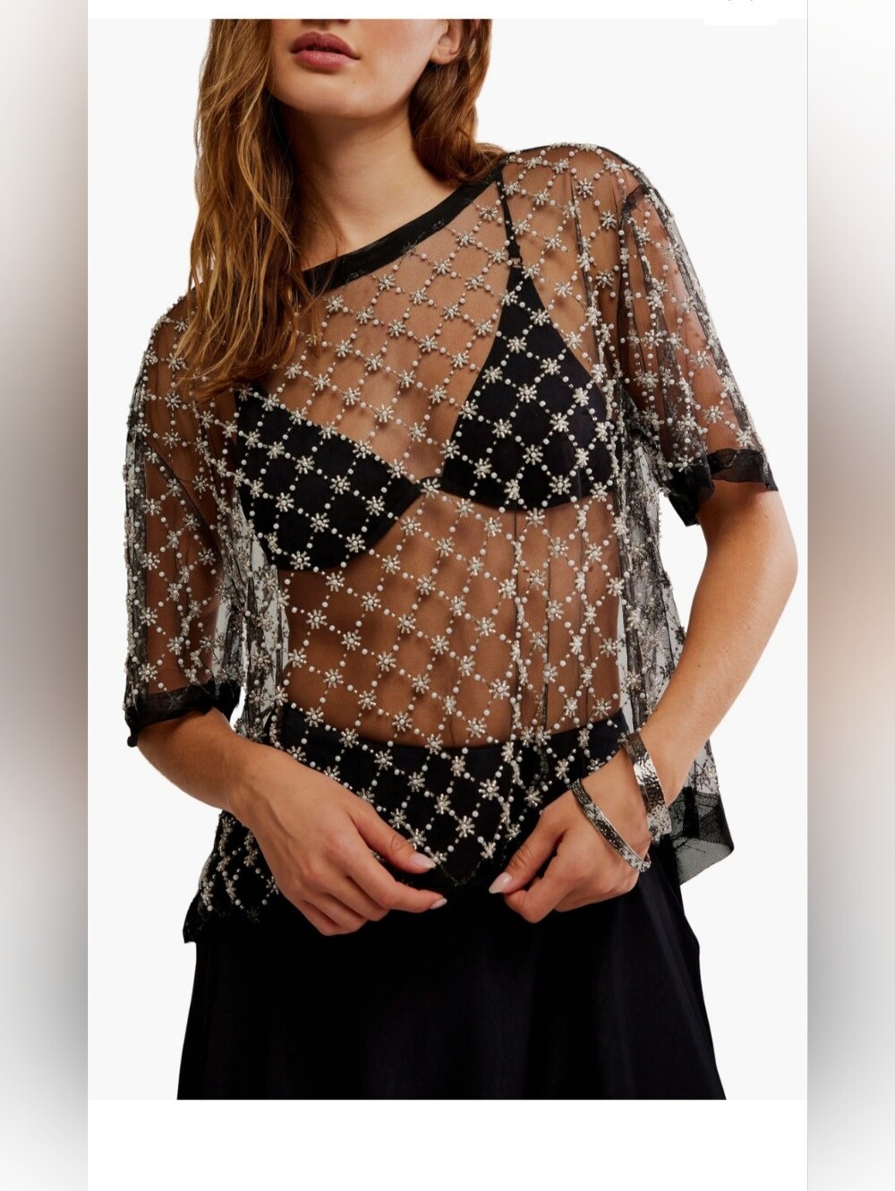 We The Free Loir Sheer Embellished Black Mesh Top